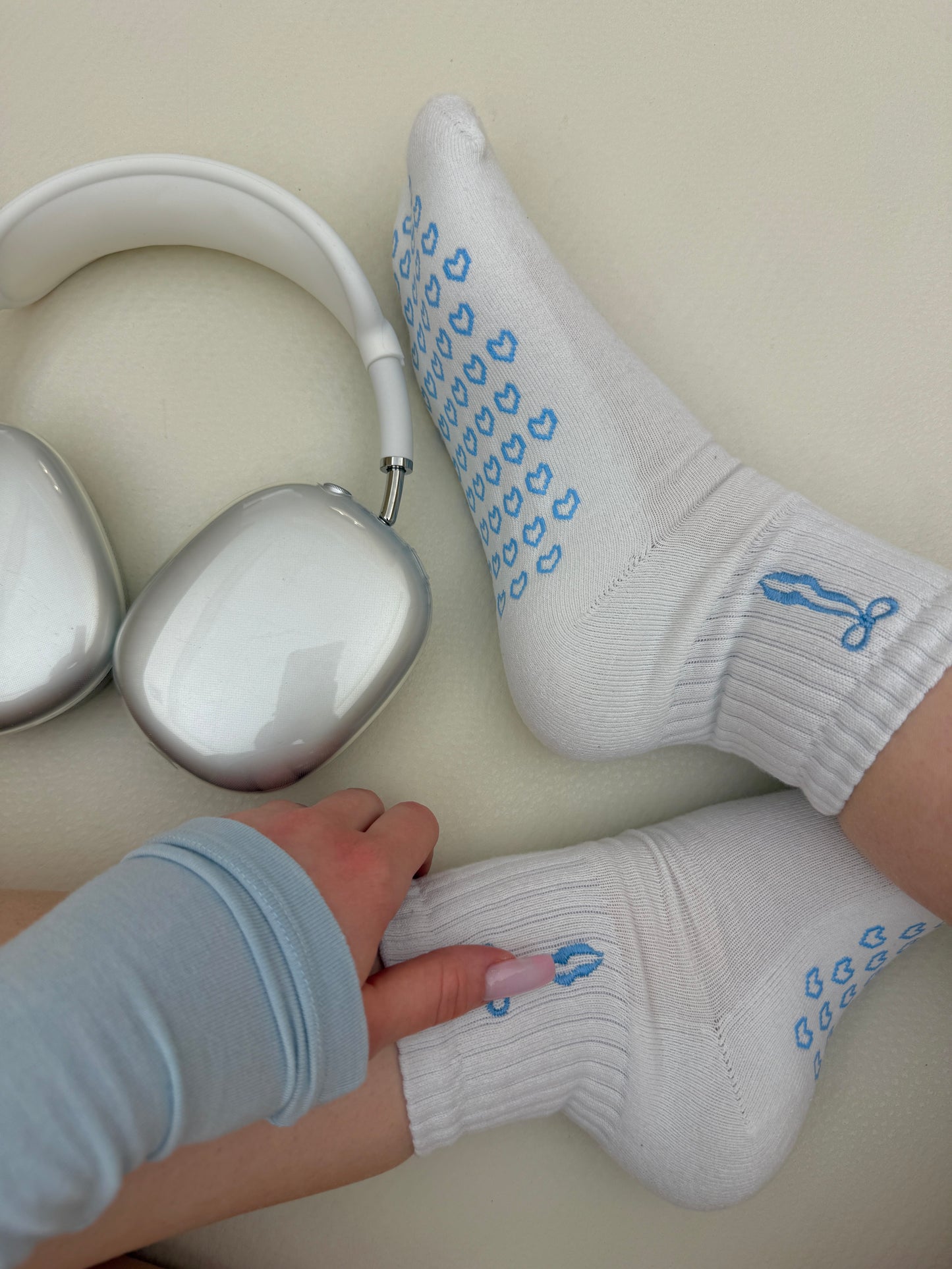 White Grip Socks with Blue Bows