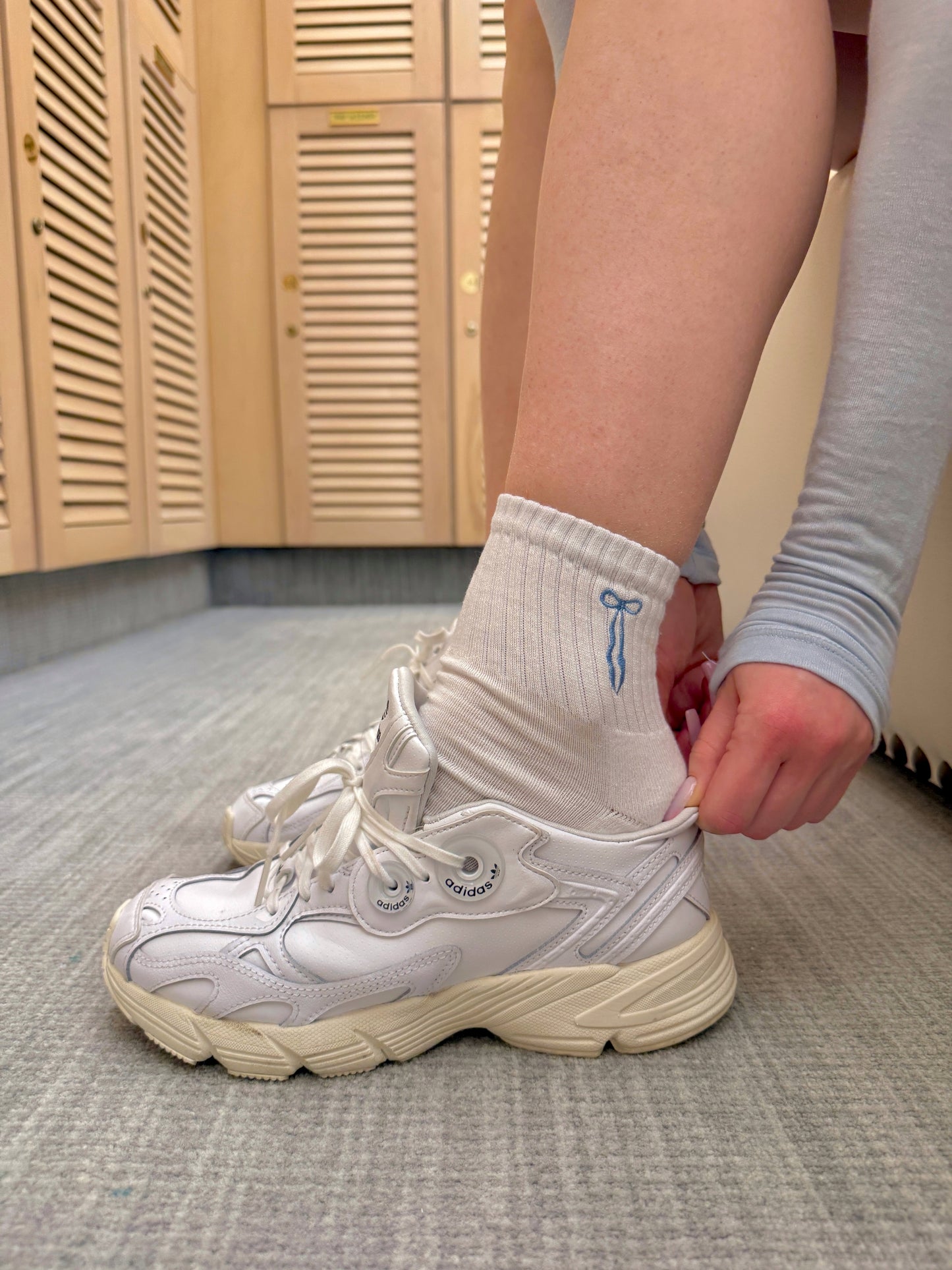 White Grip Socks with Blue Bows